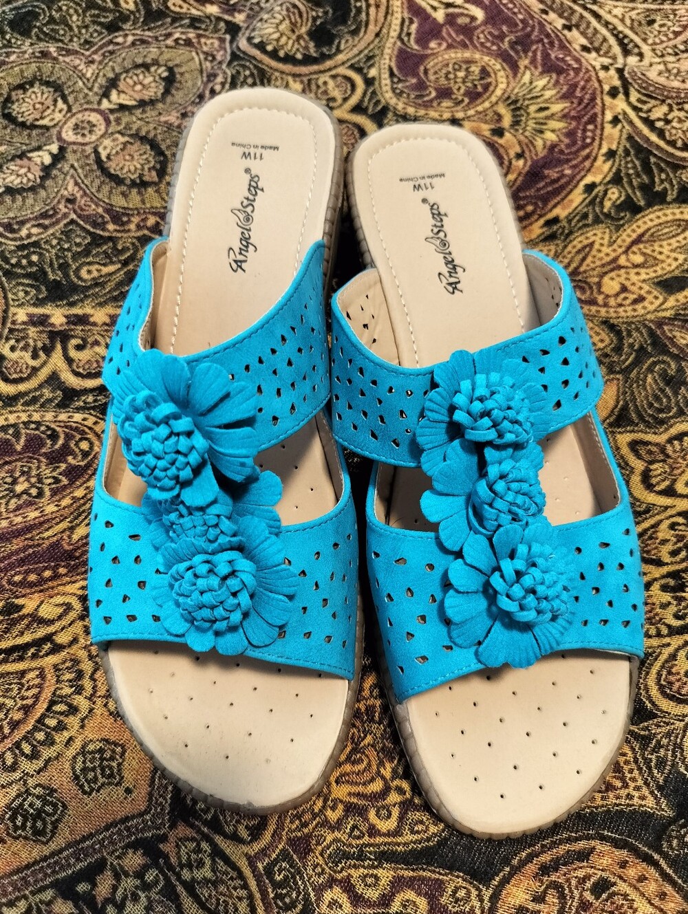 AngelSteps Women's 11W Turquoise Flower Slide Mules